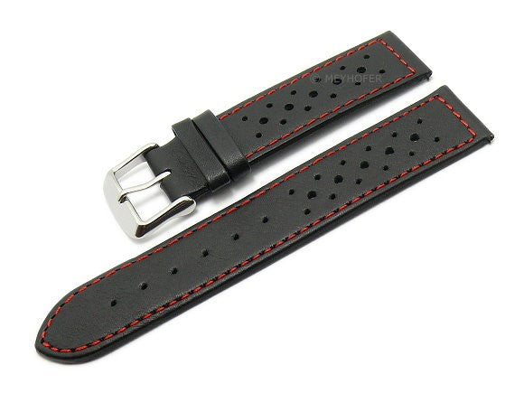 Meyhofer EASY-CLICK Uhrenarmband Alton Special 22mm schwarz Leder Racing-Look rote Naht (Schließenanstoß 20 mm)