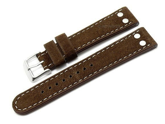 Uhrenarmband EASY-CLICK XL (extralang) Prades 18mm dunkelbraun echt Büffelleder Aviator-Style helle Naht mit Nieten von MEYHOFER (Schließenbreite 18 mm)