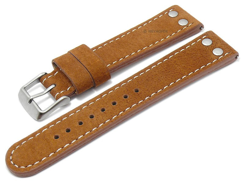 Uhrenarmband EASY-CLICK XL (extralang) Prades 22mm hellbraun echt Büffelleder Aviator-Style helle Naht mit Nieten von MEYHOFER (Schließenbreite 20 mm)
