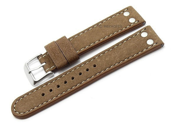 Uhrenarmband EASY-CLICK Tarragona 18mm mittelbraun echt Büffelleder Aviator-Style helle Kontrastnaht mit Nieten von MEYHOFER (Schließenbreite 18 mm)