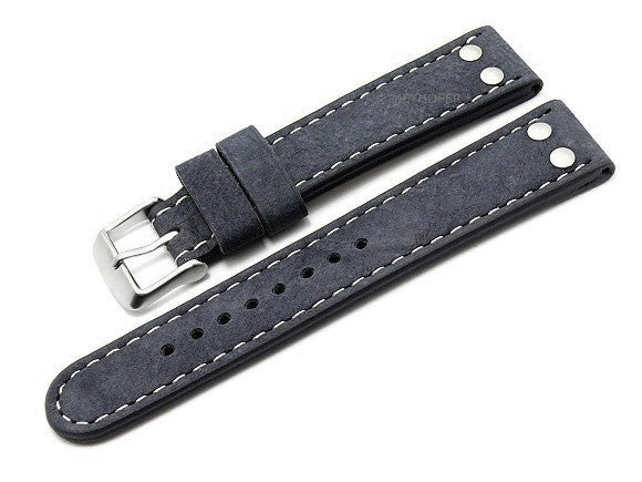 Uhrenarmband EASY-CLICK Tarragona 22mm dunkelblau echt Büffelleder Aviator-Style helle Kontrastnaht mit Nieten  von MEYHOFER (Schließenbreite 20 mm)