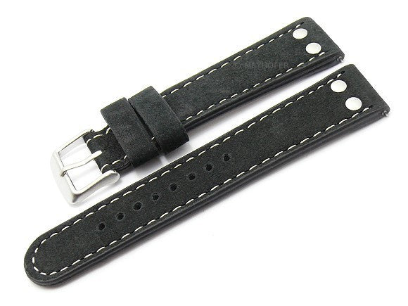 Uhrenarmband EASY-CLICK Tarragona 20mm schwarz echt Büffelleder Aviator-Style helle Kontrastnaht mit Nieten  von MEYHOFER (Schließenbreite 18 mm)