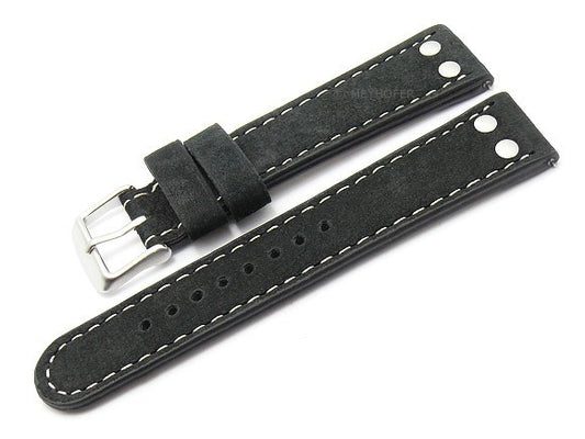 Meyhofer EASY-CLICK Uhrenarmband XL Prades 24mm schwarz Büffelleder Aviator-Look helle Naht (Schließenanstoß 22 mm)