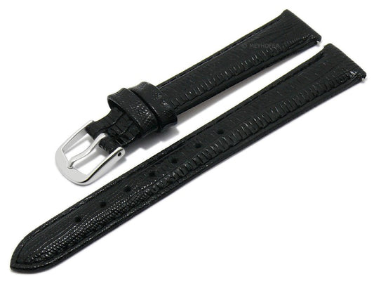 Uhrenarmband EASY-CLICK Mendoza 14mm schwarz echt Leder Teju-Prägung abgenäht von MEYHOFER (Schließenbreite 12 mm)