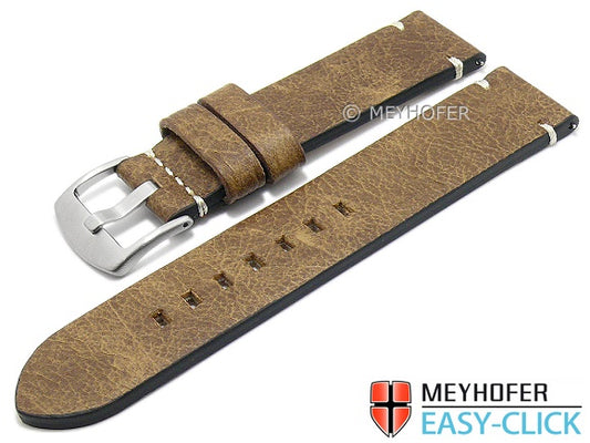 Meyhofer EASY-CLICK Uhrenarmband Midvale 24mm mittelbraun Leder Vintage-Look helle Naht (Schließenanstoß 24 mm)
