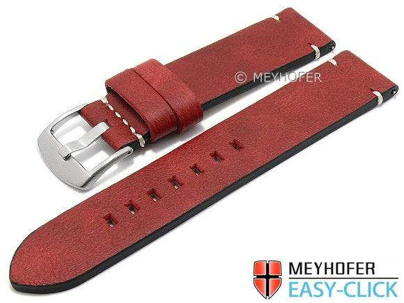 Meyhofer EASY-CLICK Uhrenarmband Midvale 22mm rot Leder Vintage-Look helle Naht (Schließenanstoß 22 mm)