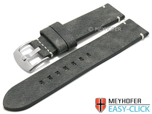 Meyhofer EASY-CLICK Uhrenarmband Midvale 24mm antikschwarz Leder Vintage-Look helle Naht (Schließenanstoß 24 mm)