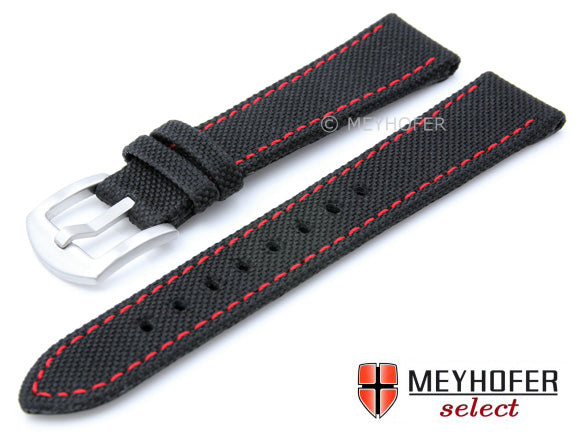 Uhrenarmband Sunnyvale 22mm schwarz Canvas (Textil) rote Naht von MEYHOFER (Schließenanstoß 20 mm)