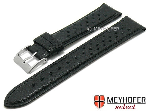 Uhrenarmband Bridgeton 18mm schwarz Leder Racing-Look abgenäht von MEYHOFER (Schließenanstoß 16 mm)