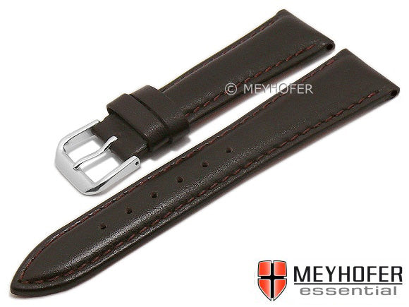 Uhrenarmband XS Clarksburg 19mm dunkelbraun Leder glatt matt abgenäht von MEYHOFER (Schließenanstoß 16 mm)