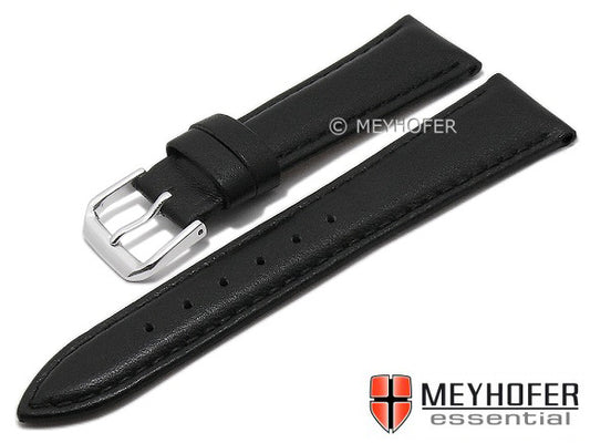 Uhrenarmband XS Clarksburg 19mm schwarz Leder glatt matt abgenäht von MEYHOFER (Schließenanstoß 16 mm)