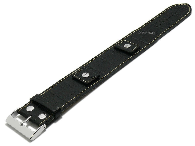 Unterlagen-Uhrenband ALMADA Wechselanstoesse 18-20-22-24mm Leder Alligatorpraegung schwarz Kontrastnaht