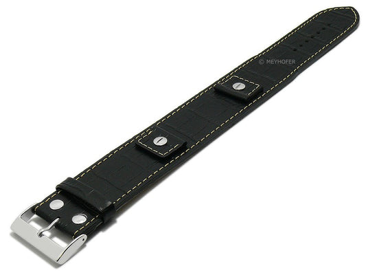 Unterlagen-Uhrenband ALMADA Wechselanstoesse 18-20-22-24mm Leder Alligatorpraegung schwarz Kontrastnaht