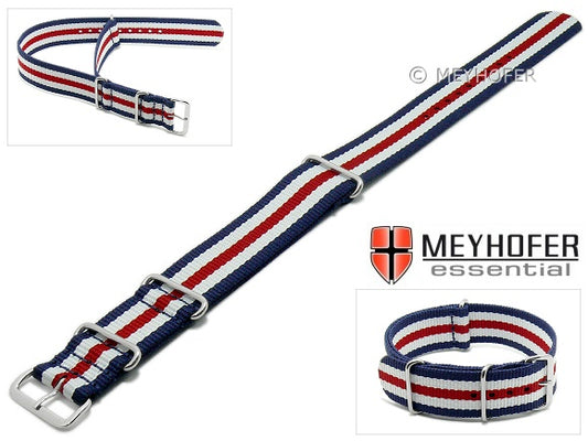 Uhrenarmband Waterville 20mm dunkelblau Textil weiße roter Streifen Durchzugsband im NATO-Style von MEYHOFER