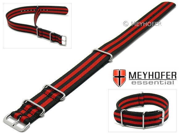 Uhrenarmband Waterville 22mm schwarz Textil rote Streifen Durchzugsband im NATO-Style von MEYHOFER