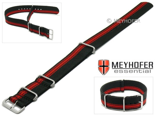 Uhrenarmband Camden 24mm schwarz Textil rote einseitige Streifen Durchzugsband im NATO-Style von MEYHOFER
