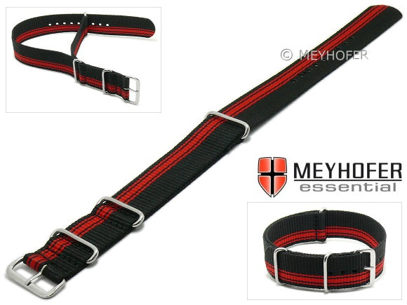 Uhrenarmband Camden 22mm schwarz Textil rote einseitige Streifen Durchzugsband im NATO-Style von MEYHOFER