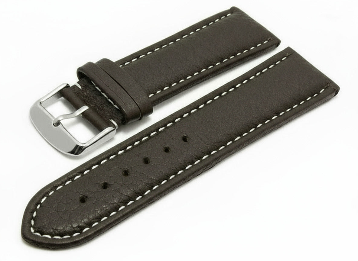 Uhrenarmband XL Anklam 26mm dunkelbraun Leder genarbt helle Naht von MEYHOFER (Schließenanstoß 24 mm)