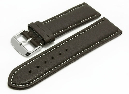 Uhrenarmband XL Anklam 26mm dunkelbraun Leder genarbt helle Naht von MEYHOFER (Schließenanstoß 24 mm)