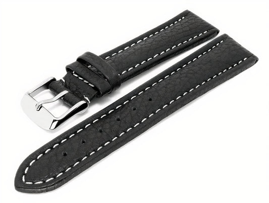 Uhrenarmband XL Anklam 20mm schwarz Leder genarbt helle Naht von MEYHOFER (Schließenanstoß 18 mm)