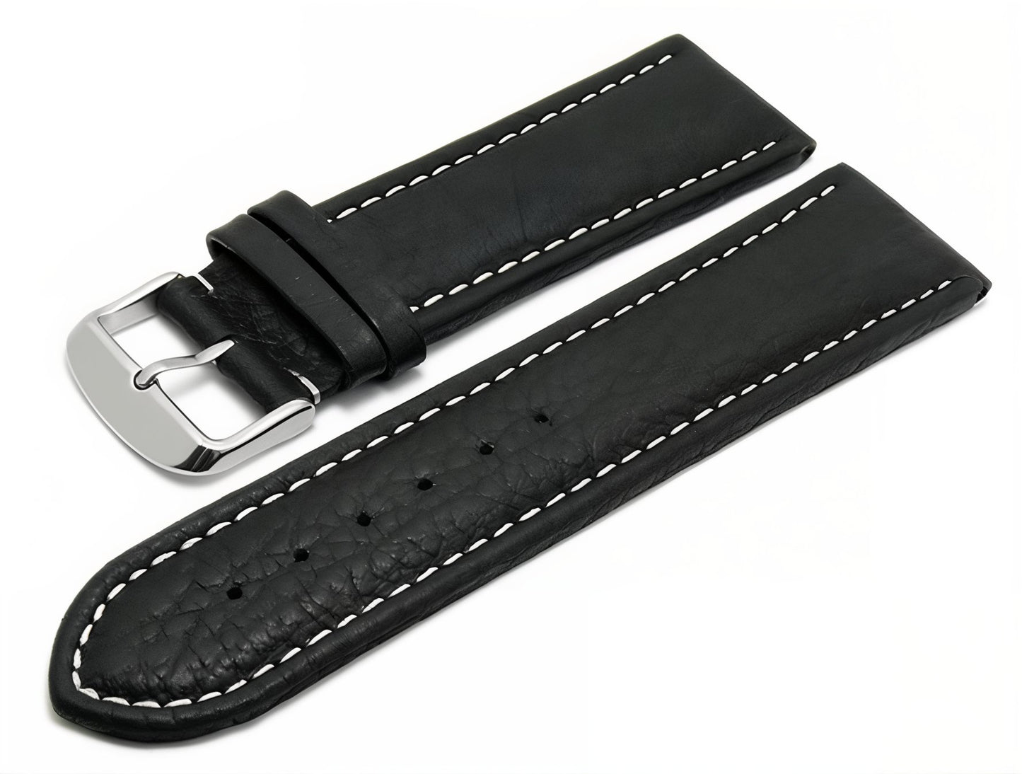 Uhrenarmband XL Anklam 26mm schwarz Leder genarbt helle Naht von MEYHOFER (Schließenanstoß 24 mm)