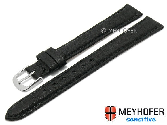 Uhrenarmband XL Appenzell 14mm schwarz Leder genarbt vegetabil abgenäht von MEYHOFER (Schließenanstoß 12 mm)