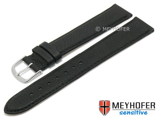 Uhrenarmband XL Appenzell 20mm schwarz Leder genarbt vegetabil abgenäht von MEYHOFER (Schließenanstoß 18 mm)