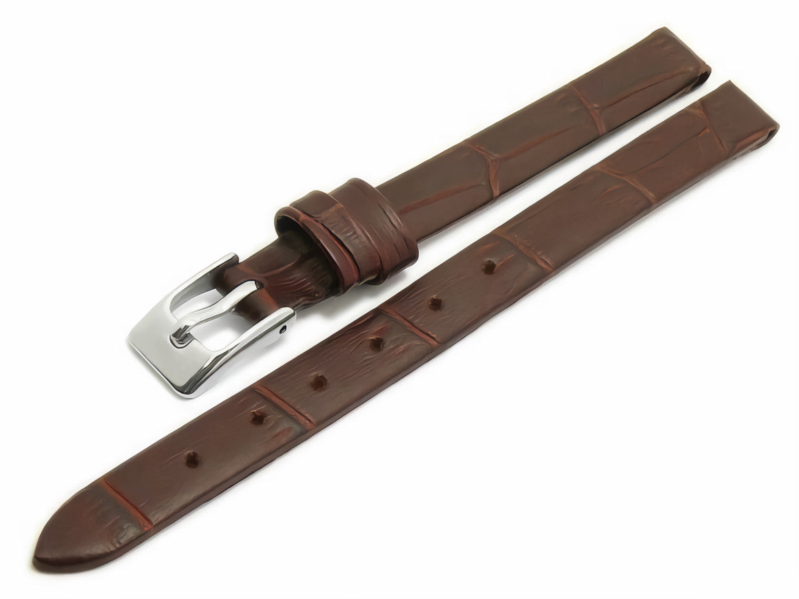 Leder-Uhrenarmband Pensacola schmal dunkelbraun Alligator-Prägung mit Clip-Anstoß für feste Stege