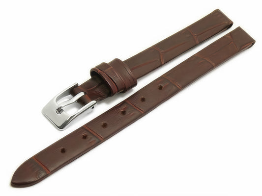 Leder-Uhrenarmband Pensacola schmal dunkelbraun Alligator-Prägung mit Clip-Anstoß für feste Stege