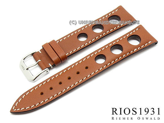 Uhrenarmband Kaluga 20mm braun echt Juchtenleder weiße Naht RIOS (Schließenanstoß 18 mm)