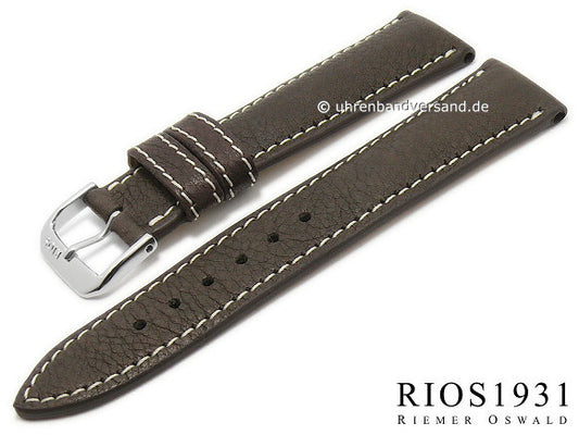 BIO-Leder: Uhrenarmband Weilheim 20mm dunkelbraun glatt helle Naht von RIOS (Schließenanstoß 18 mm)