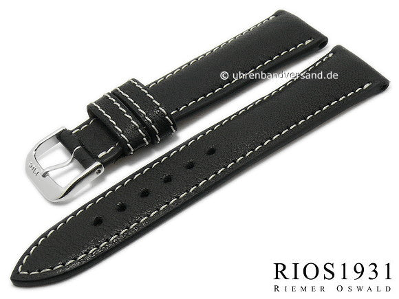 BIO-Leder: Uhrenarmband Weilheim 20mm schwarz glatt helle Naht von RIOS (Schließenanstoß 18 mm)