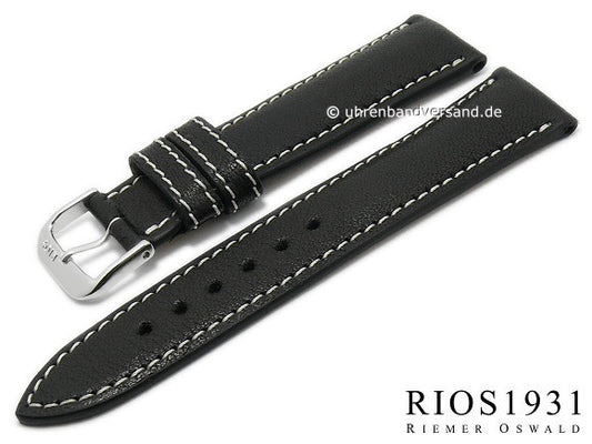 BIO-Leder: Uhrenarmband Weilheim 20mm schwarz glatt helle Naht von RIOS (Schließenanstoß 18 mm)
