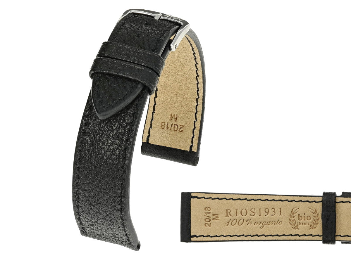 Uhrenband aus BIO-Leder schwarz genarbt RIOS1931 - Made in Germany